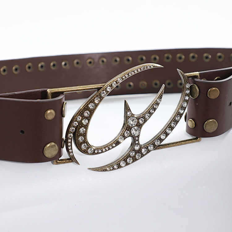 Diamond-encrusted Vintage Leather Belt with Rivets