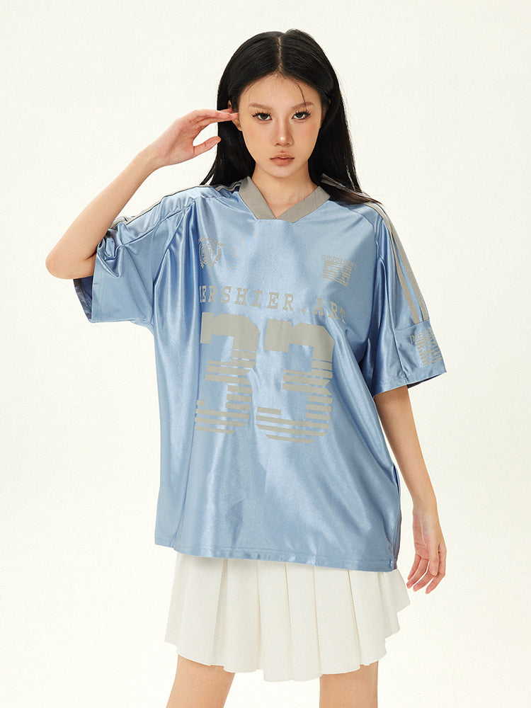 【24s July.】V-neck Vintage Satin Blue Football Jersey ArtsKoreanMan