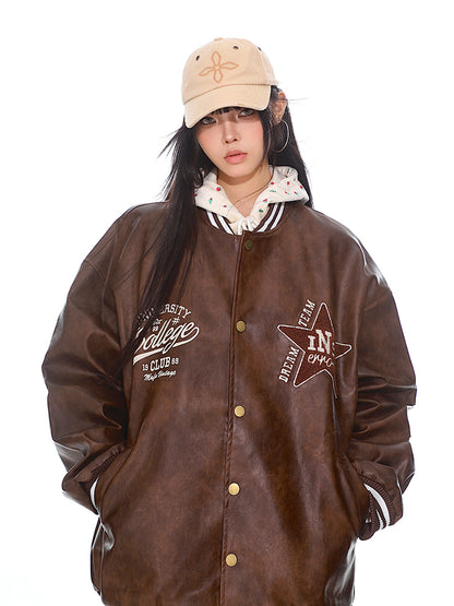 【24s Nov.】American Retro Baseball Star Patch Leather Jacket ArtsKoreanMan