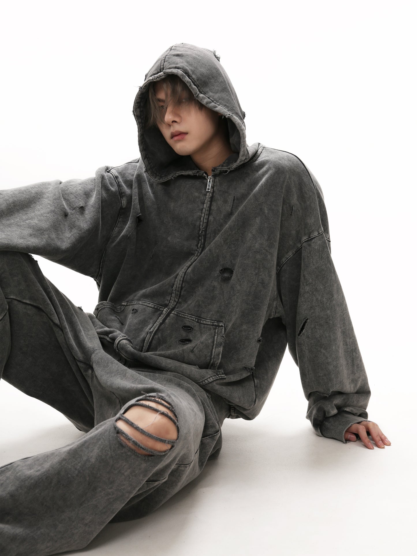 【25s Mar.】Destroyed Washed Distressed Hooded Cardigan Baggy Pants Suit