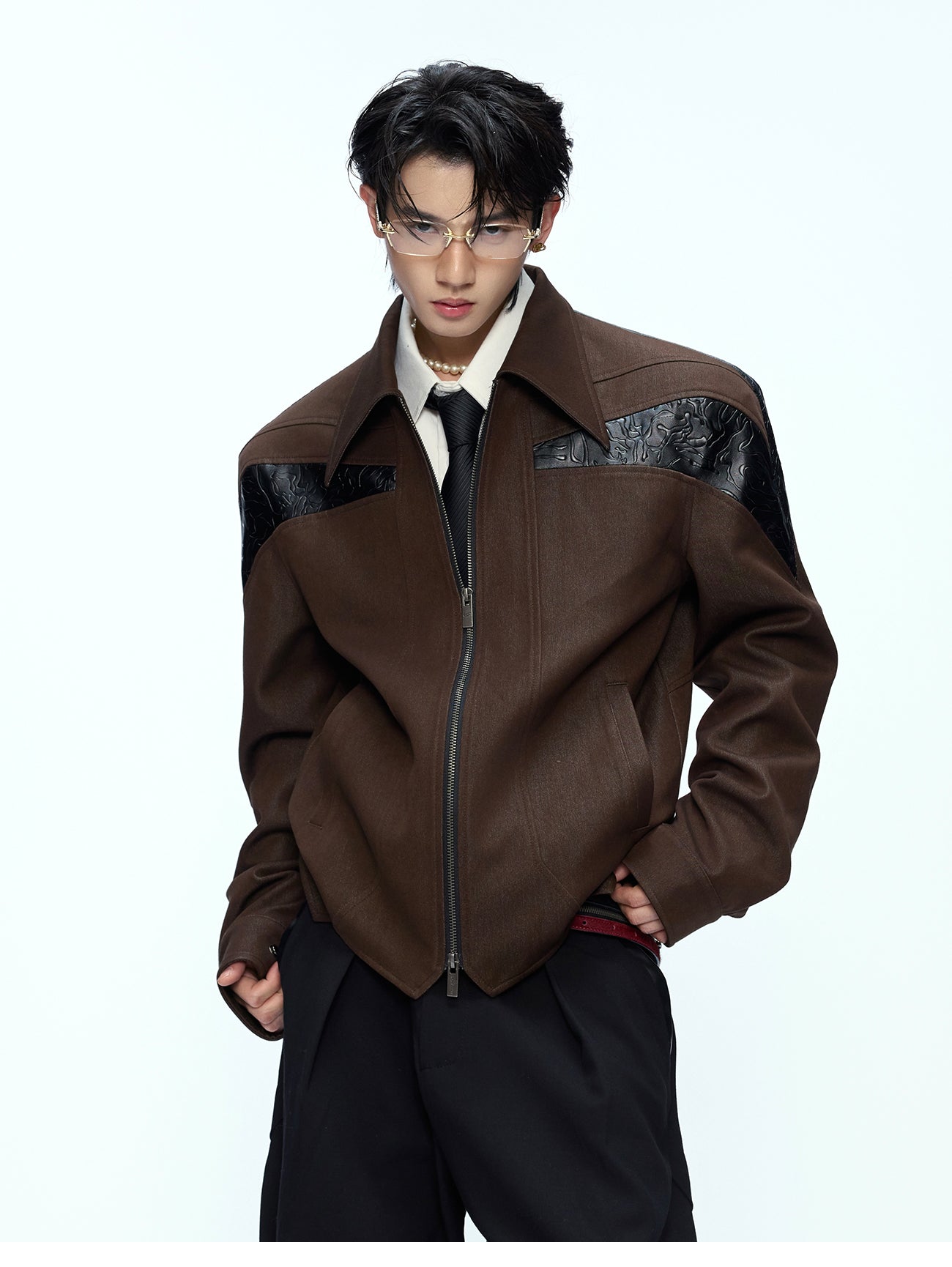 【25s Oct.】Glossy Paneled Deconstructed Leather Jacket