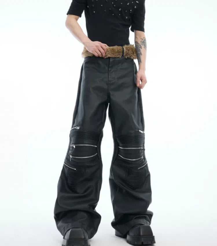 【25s Mar.】Deconstructed Metal Zipper High-Waisted Pleated Faux Leather Pants