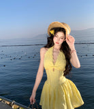 【25s Apr.】French Halter V-Neck Hollow-Out Waist Dress