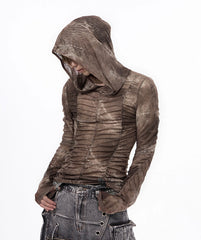 【25s Jul.】Printed Mesh Ruched Ice Silk Hooded Top