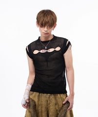【25s Jul.】Hand-Beaded Sheer Black Webbed Knit Vest