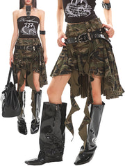 【25s Jul.】Asymmetrical Camo Denim Midi Skirt