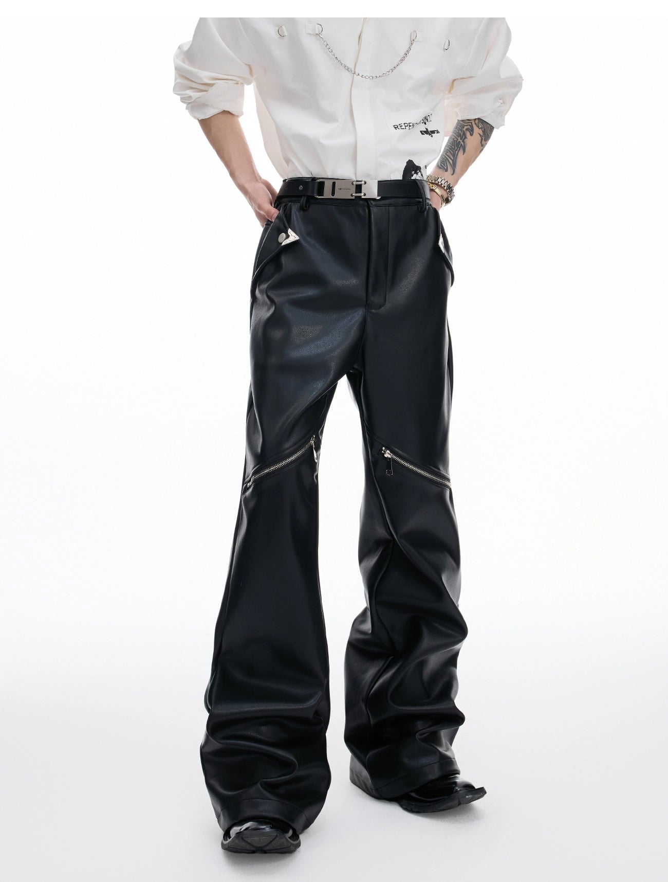 【25s Aug.】Vintage Metal Zipper Shiny Leather Pants