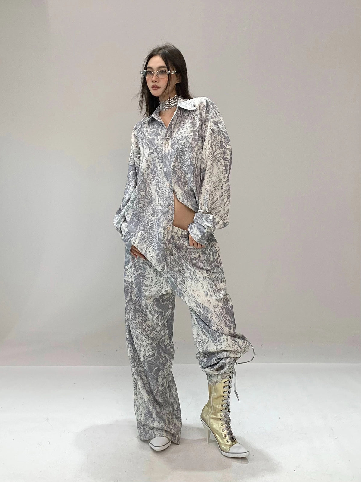 【25s Aug.】Snake Print Casual Shirt / Straight Pants