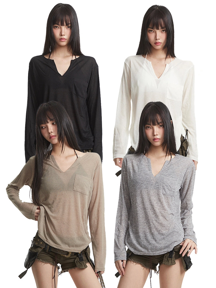 【25s Aug.】Black V-Neck Slim Fit Sheer UV Protection T-Shirt