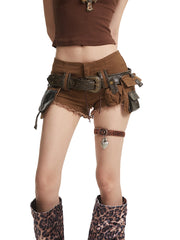 【25s Aug.】Washed Denim Fringe Waist Utility Shorts