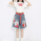 【25s Aug.】Vintage Striped Patchwork Distressed Denim Shorts
