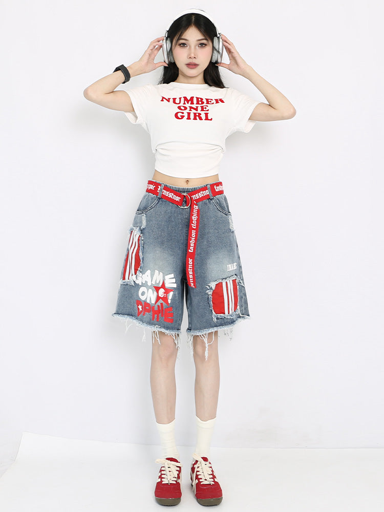 【25s Aug.】Vintage Striped Patchwork Distressed Denim Shorts