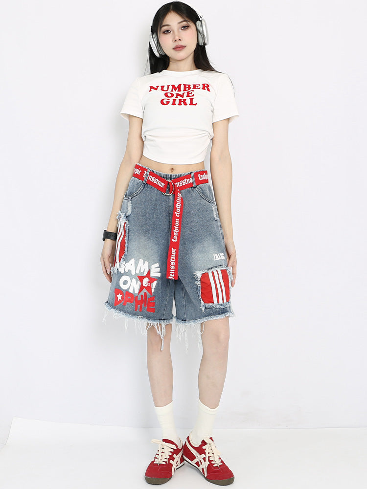 【25s Aug.】Vintage Striped Patchwork Distressed Denim Shorts