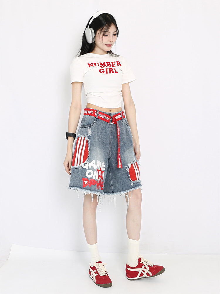 【25s Aug.】Vintage Striped Patchwork Distressed Denim Shorts