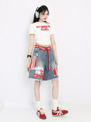 【25s Aug.】Vintage Striped Patchwork Distressed Denim Shorts