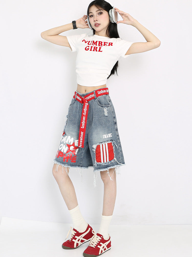【25s Aug.】Vintage Striped Patchwork Distressed Denim Shorts