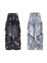 【25s Aug.】Graffiti Multi-Pocket Loose Draped Wide-Leg Jeans