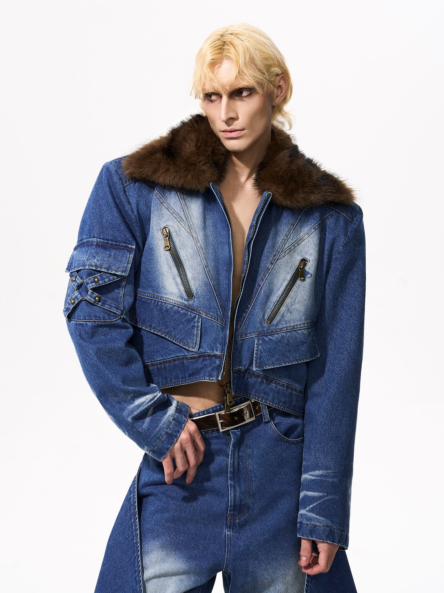 【25s Oct.】Plush Patchwork Denim Distressed Design Jacket / Jeans