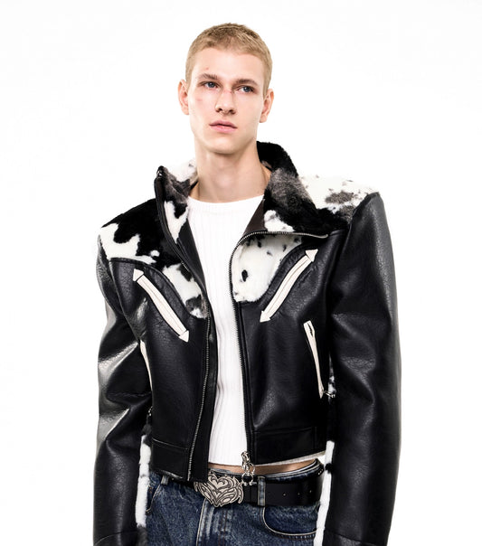Cow Print Diagonal Zipper Plush Patchwork Leather Jacket