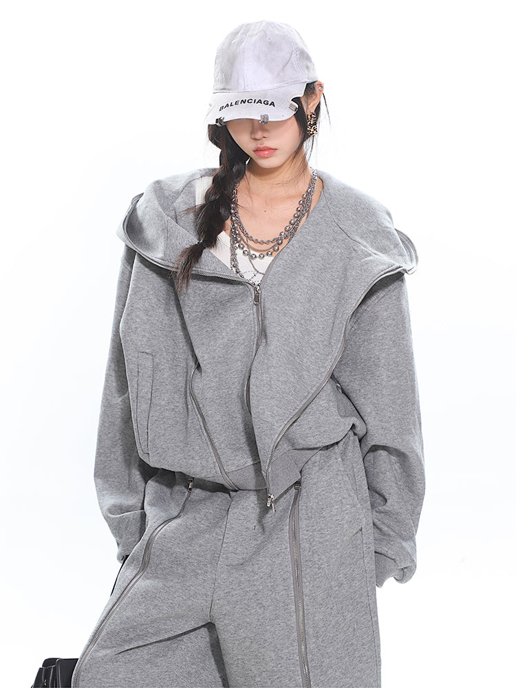 【25s Mar.】Zippered Design Hoodie/Wide-Leg Pants Set