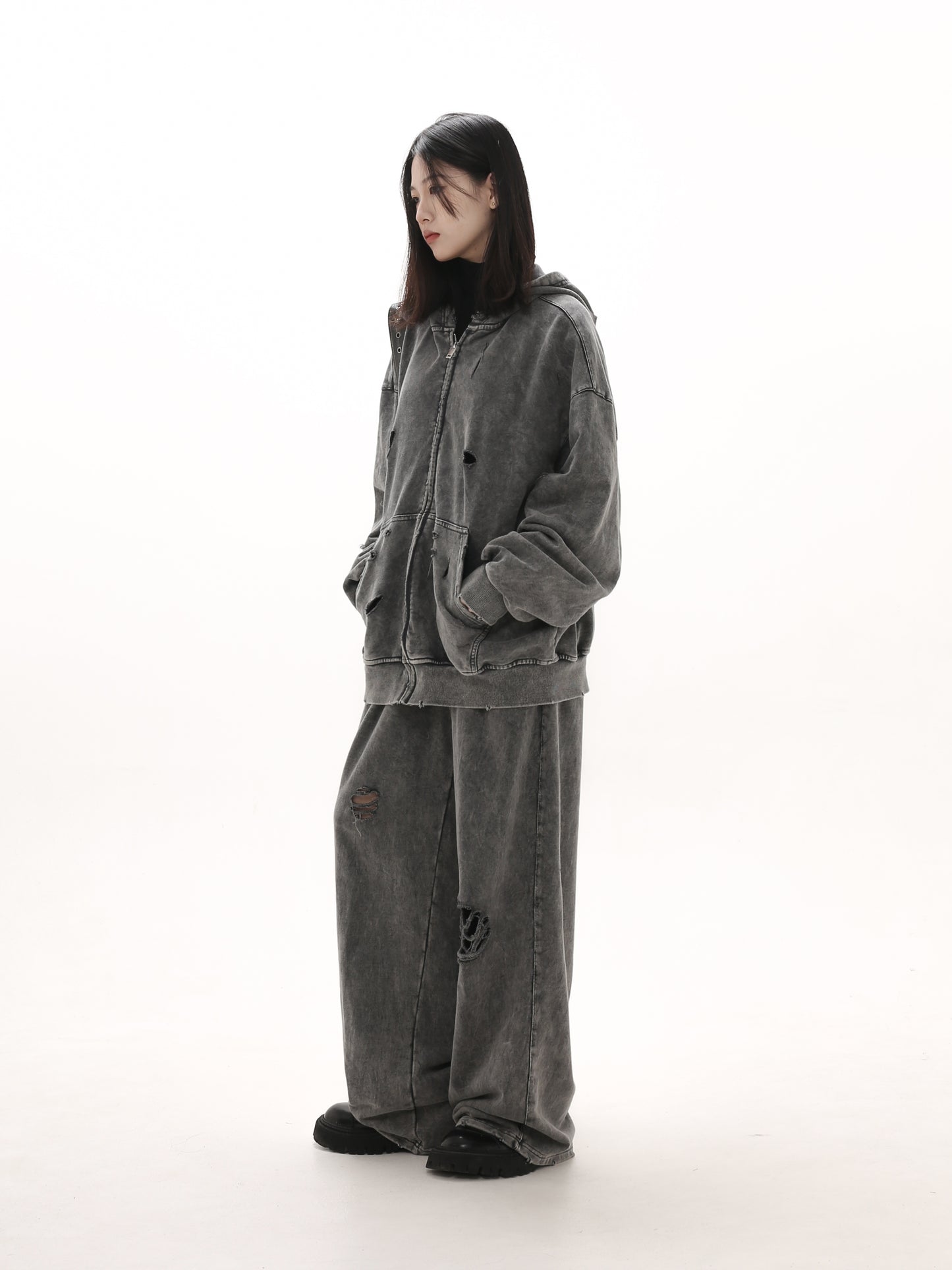 【25s Mar.】Destroyed Washed Distressed Hooded Cardigan Baggy Pants Suit