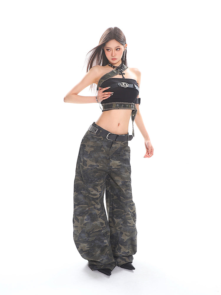 【25s Mar.】Punk Camouflage Belted Crop Top