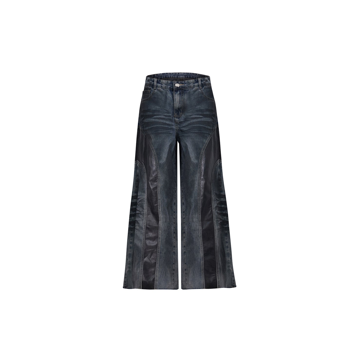 【24s April.】Distressed PU Leather Patchwork Jeans