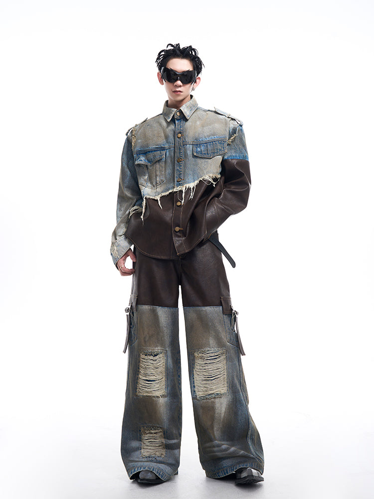 【24s Nov.】Vintage Distressed Patchwork Leather Denim Jacket ArtsKoreanMan