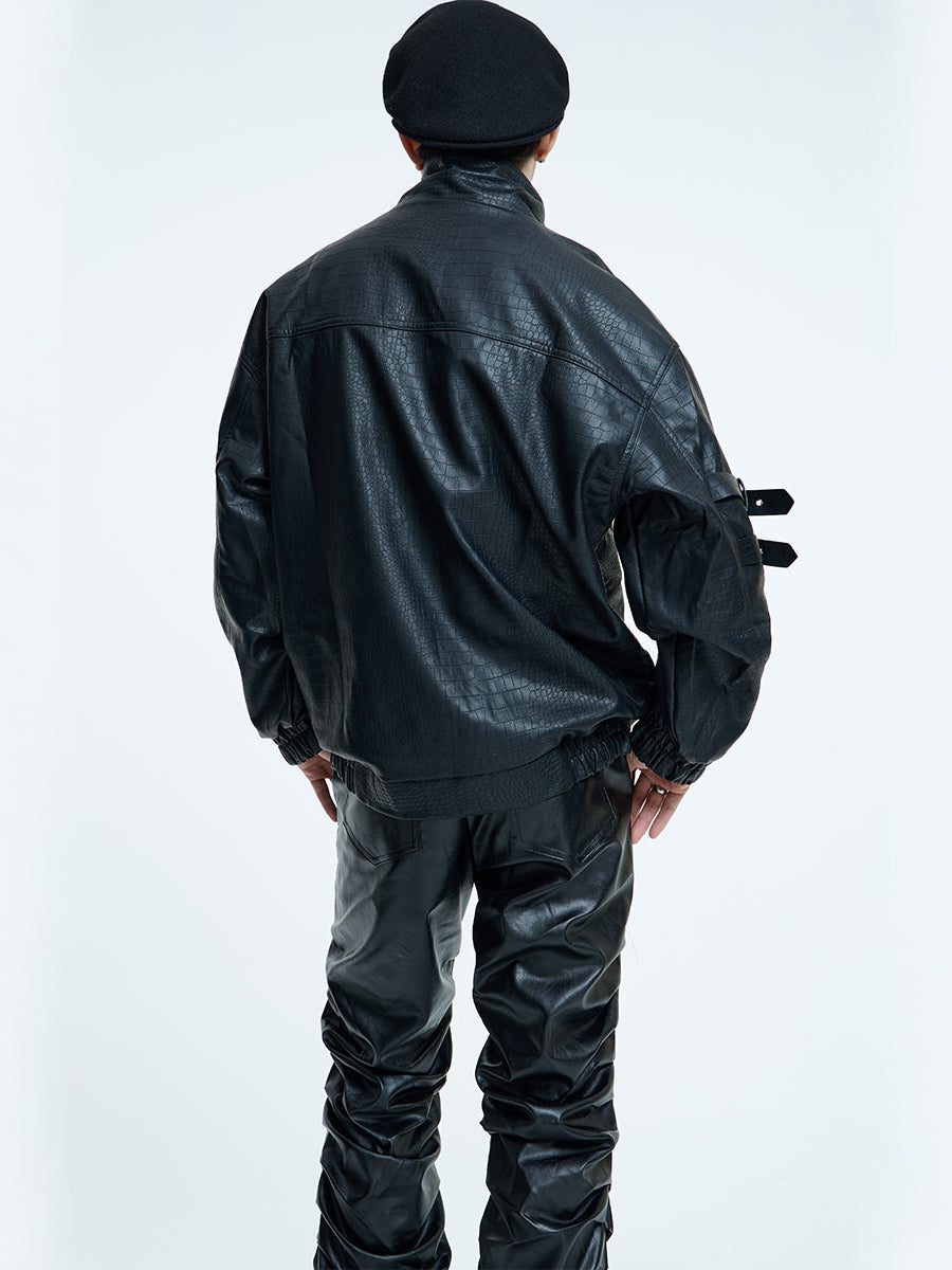 【23s September.】Loose Casual Retro PU Leather Jacket+ Leather Pants