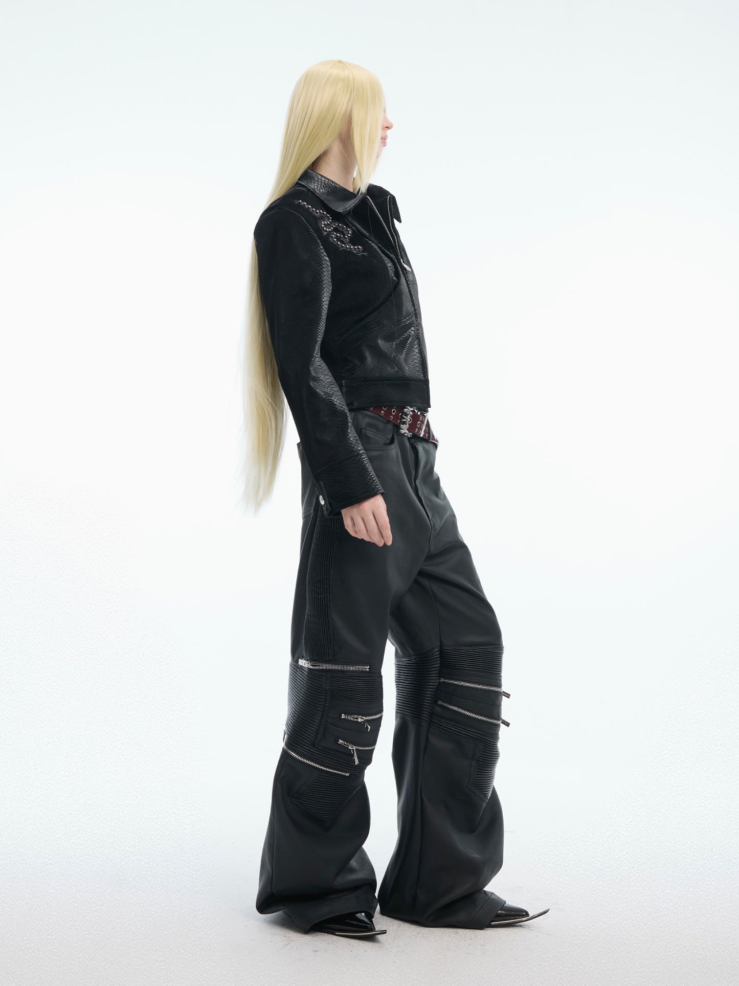 【25s Mar.】Deconstructed Metal Zipper High-Waisted Pleated Faux Leather Pants