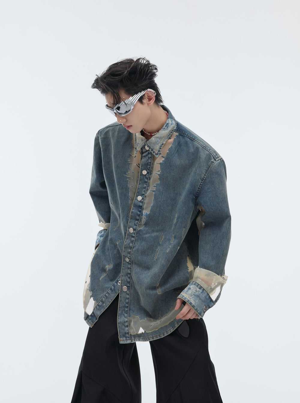 【24s April.】Mesh Hollow Design Denim Shirt ArtsKoreanMan