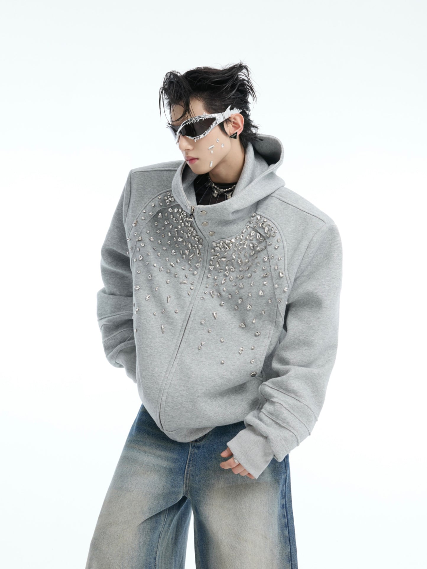 【25s Mar.】Heavy-Duty Rhinestone Embellished Hoodie Cardigan