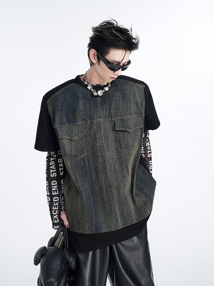 【24s Aug.】American Retro Denim Patchwork T-shirt ArtsKoreanMan