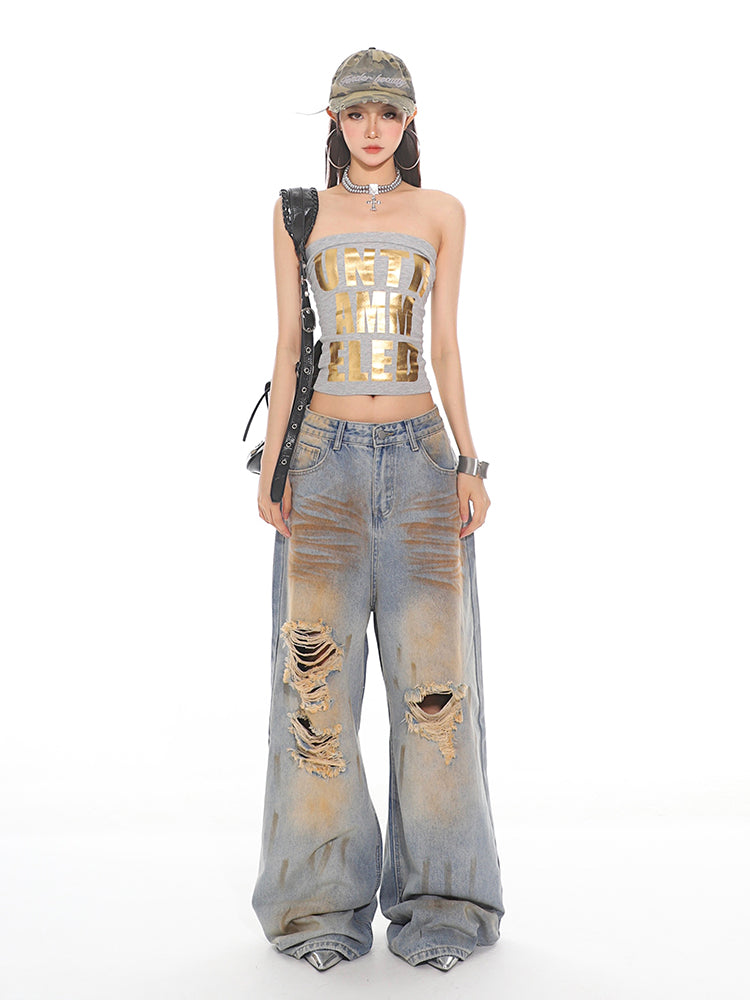 【24s July.】Vintage Hand-painted Ripped Jeans