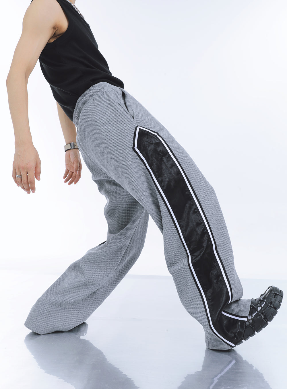 【23s September.】Striped Patchwork Waffle Sweatshirt Wide-Leg Pants Suit ArtsKoreanMan