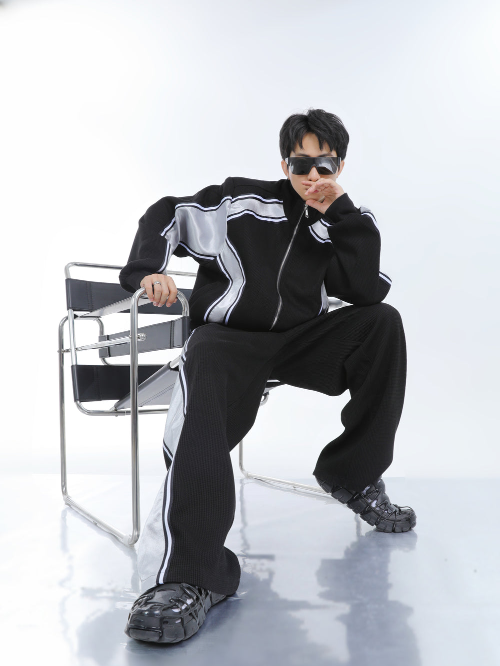 【23s September.】Striped Patchwork Waffle Sweatshirt Wide-Leg Pants Suit ArtsKoreanMan