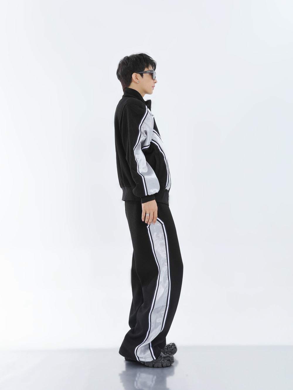 【23s September.】Striped Patchwork Waffle Sweatshirt Wide-Leg Pants Suit ArtsKoreanMan