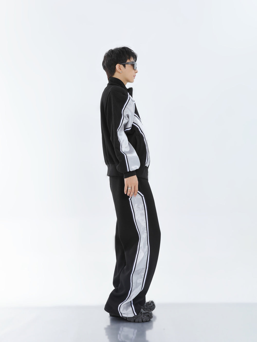 【23s September.】Striped Patchwork Waffle Sweatshirt Wide-Leg Pants Suit -M ArtsKoreanMan