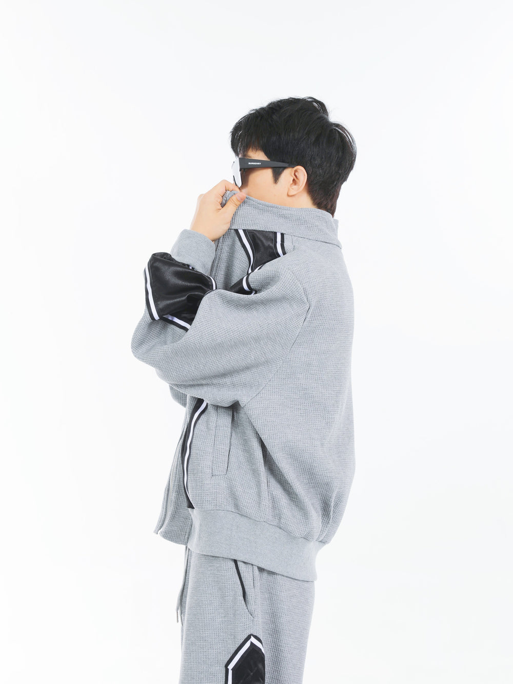 【23s September.】Striped Patchwork Waffle Sweatshirt Wide-Leg Pants Suit -M ArtsKoreanMan
