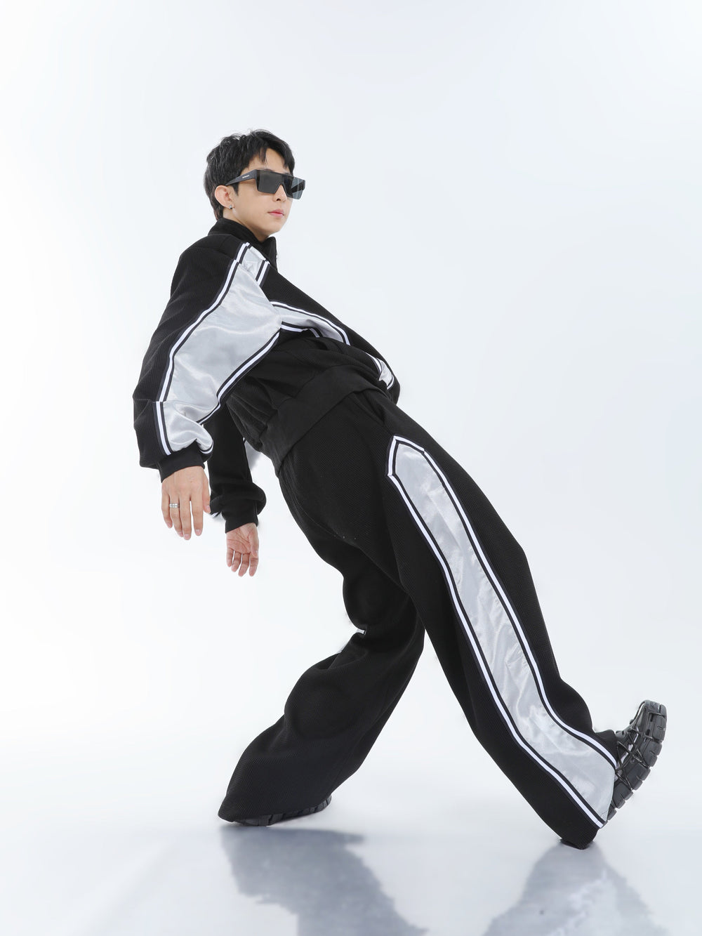 【23s September.】Striped Patchwork Waffle Sweatshirt Wide-Leg Pants Suit -M ArtsKoreanMan