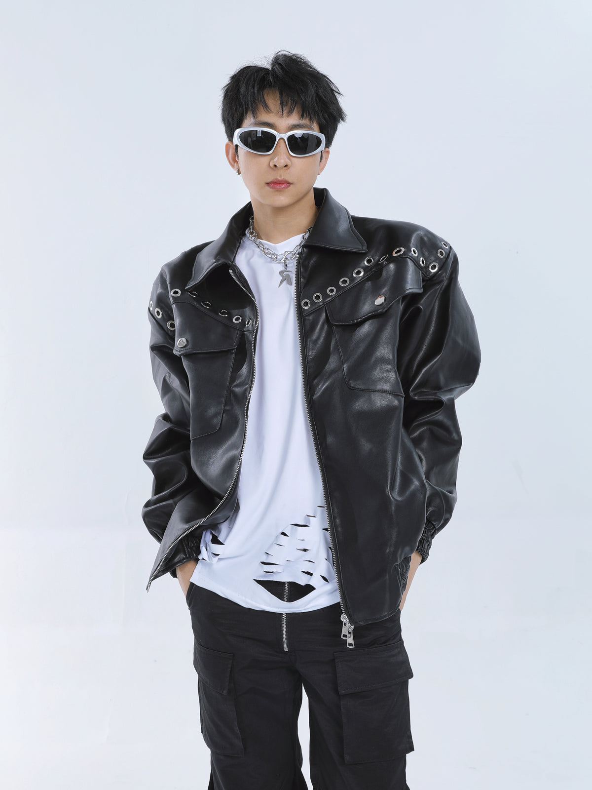 【23s September.】Metal Rivet-embellished Silhouette Leather Jacket ArtsKoreanMan