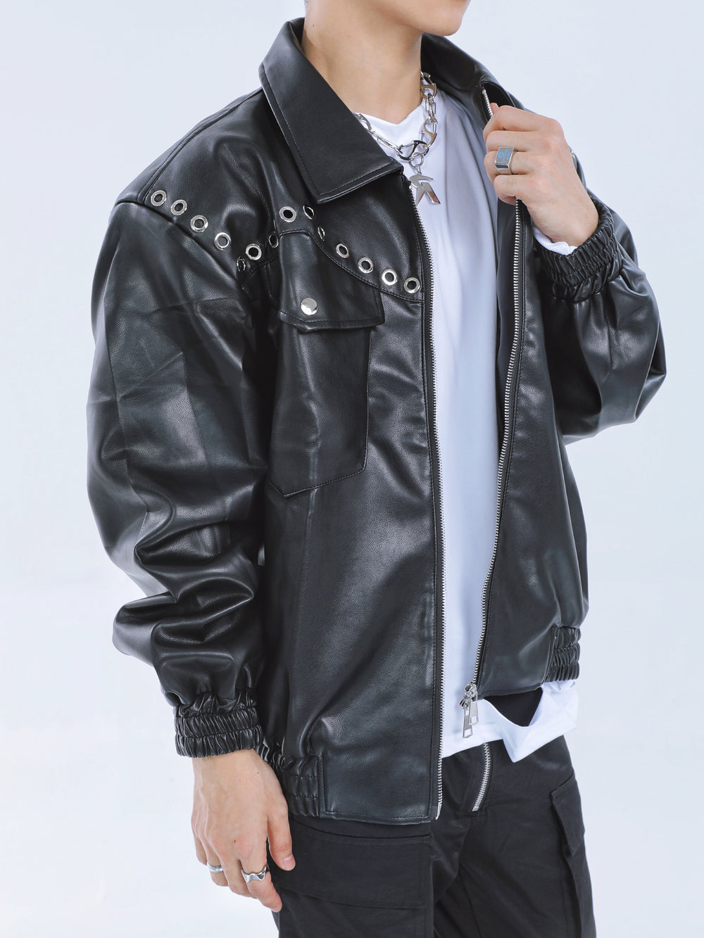 【23s September.】Metal Rivet-embellished Silhouette Leather Jacket -L ArtsKoreanMan