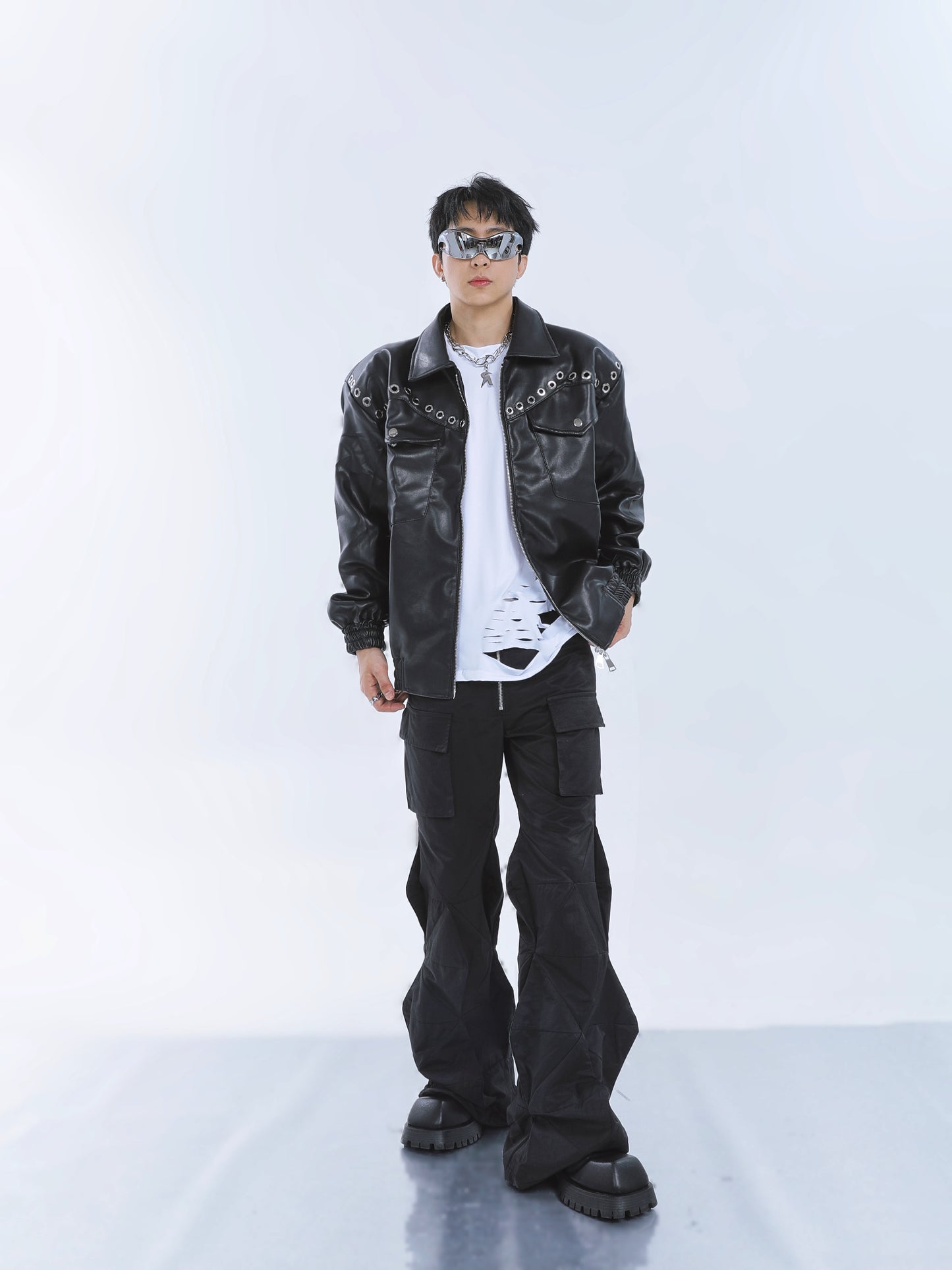 【23s September.】Metal Rivet-embellished Silhouette Leather Jacket