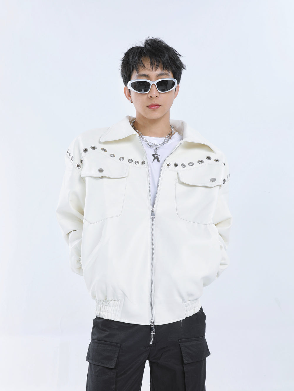 【23s September.】Metal Rivet-embellished Silhouette Leather Jacket ArtsKoreanMan