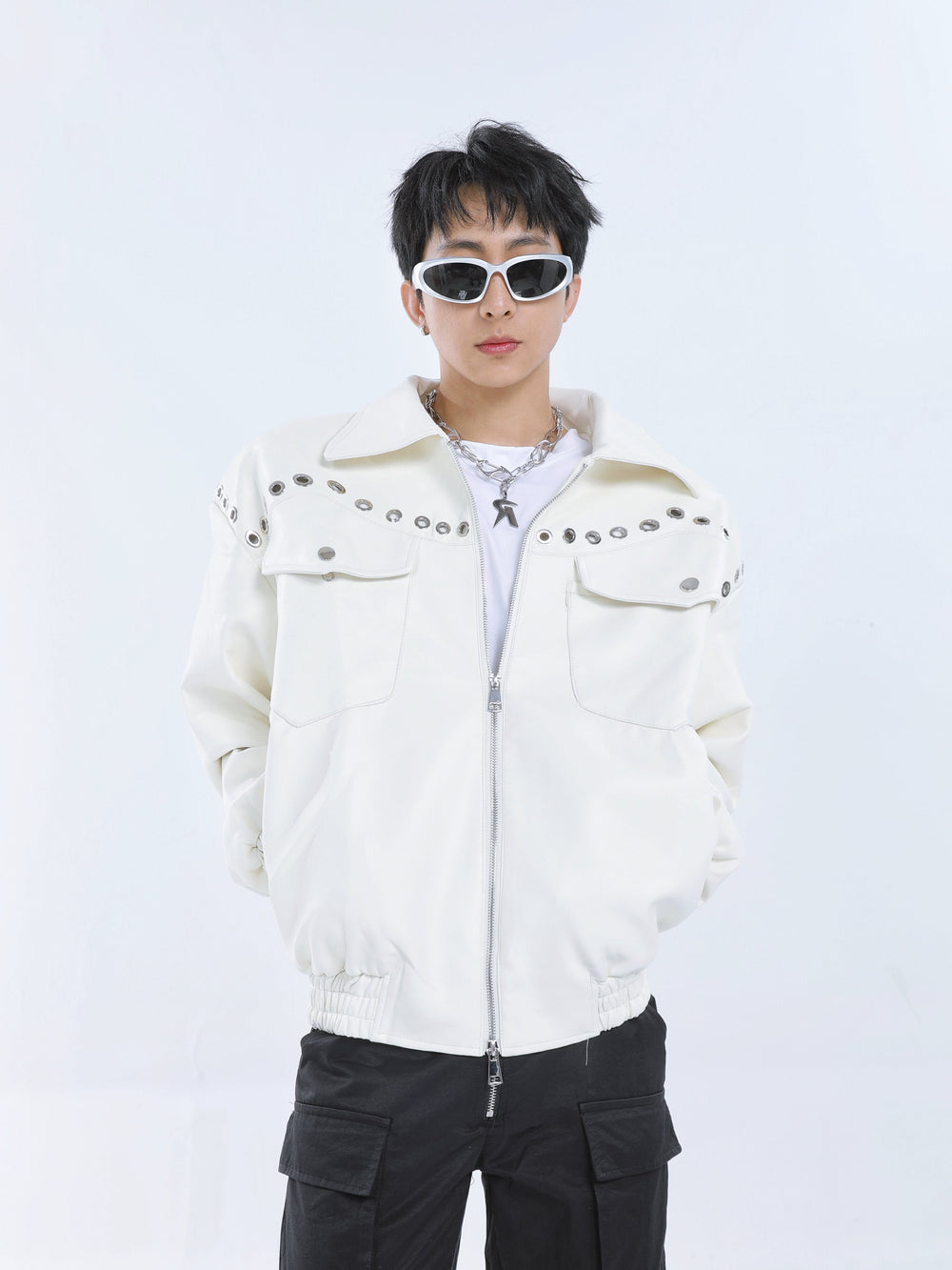 【23s September.】Metal Rivet-embellished Silhouette Leather Jacket -L ArtsKoreanMan