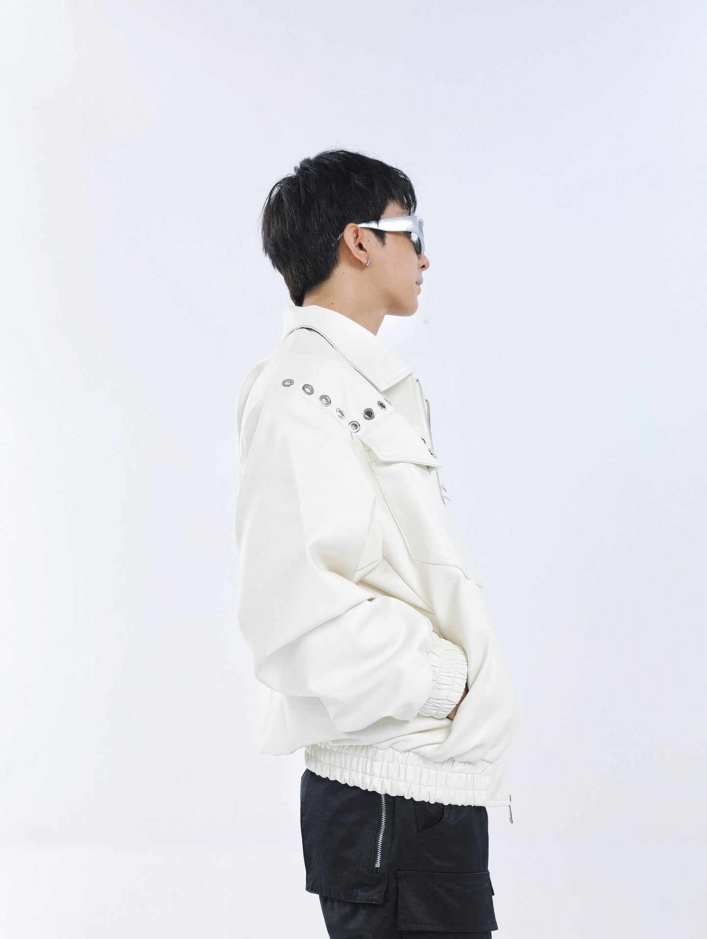 【23s September.】Metal Rivet-embellished Silhouette Leather Jacket