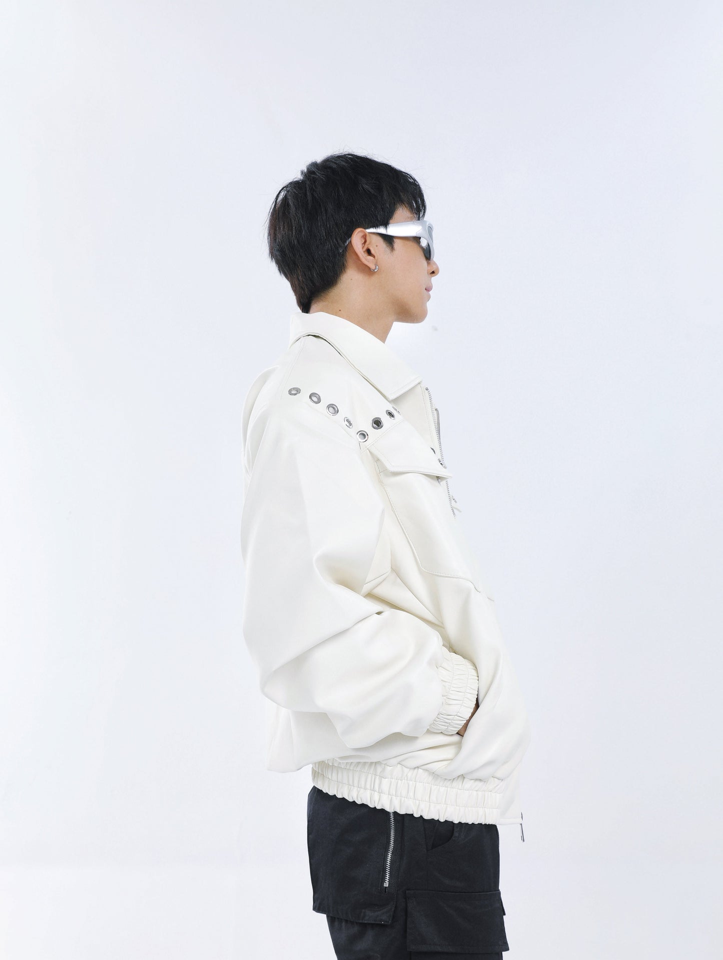 【23s September.】Metal Rivet-embellished Silhouette Leather Jacket -L