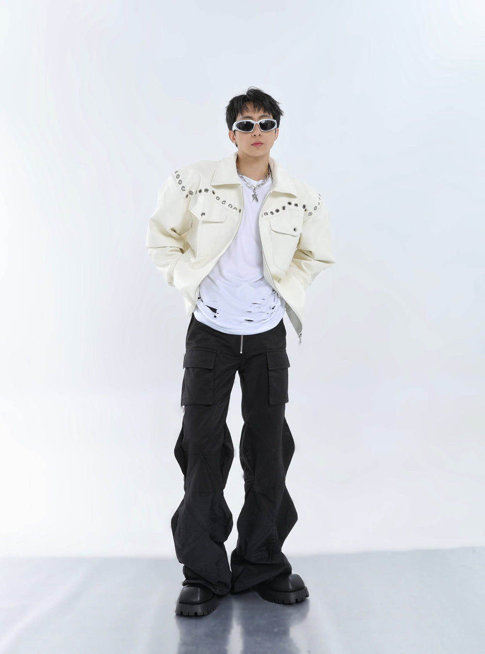 【23s September.】Metal Rivet-embellished Silhouette Leather Jacket -L ArtsKoreanMan