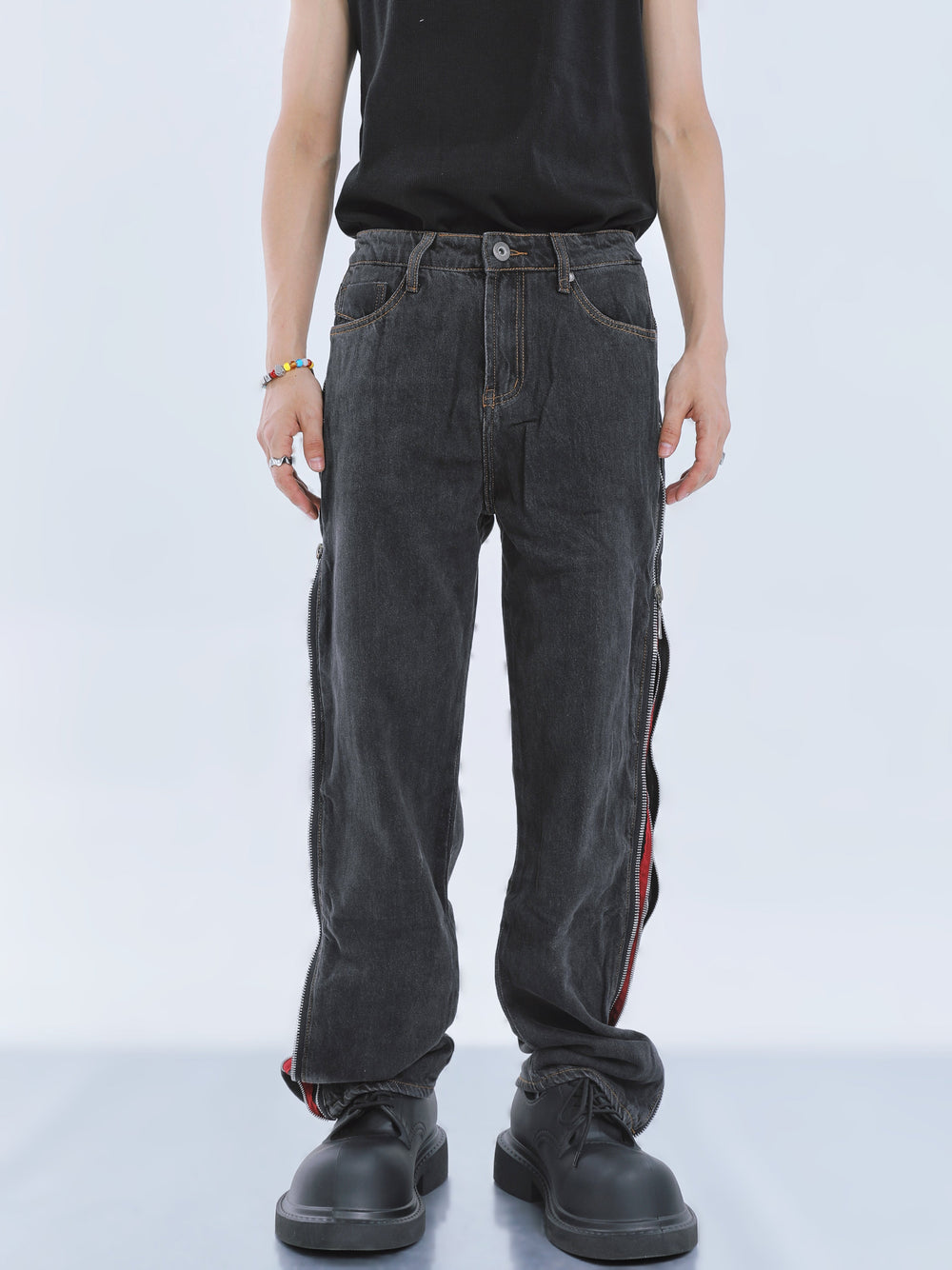【23s September.】Contrast Striped Double Zip Jeans -M ArtsKoreanMan