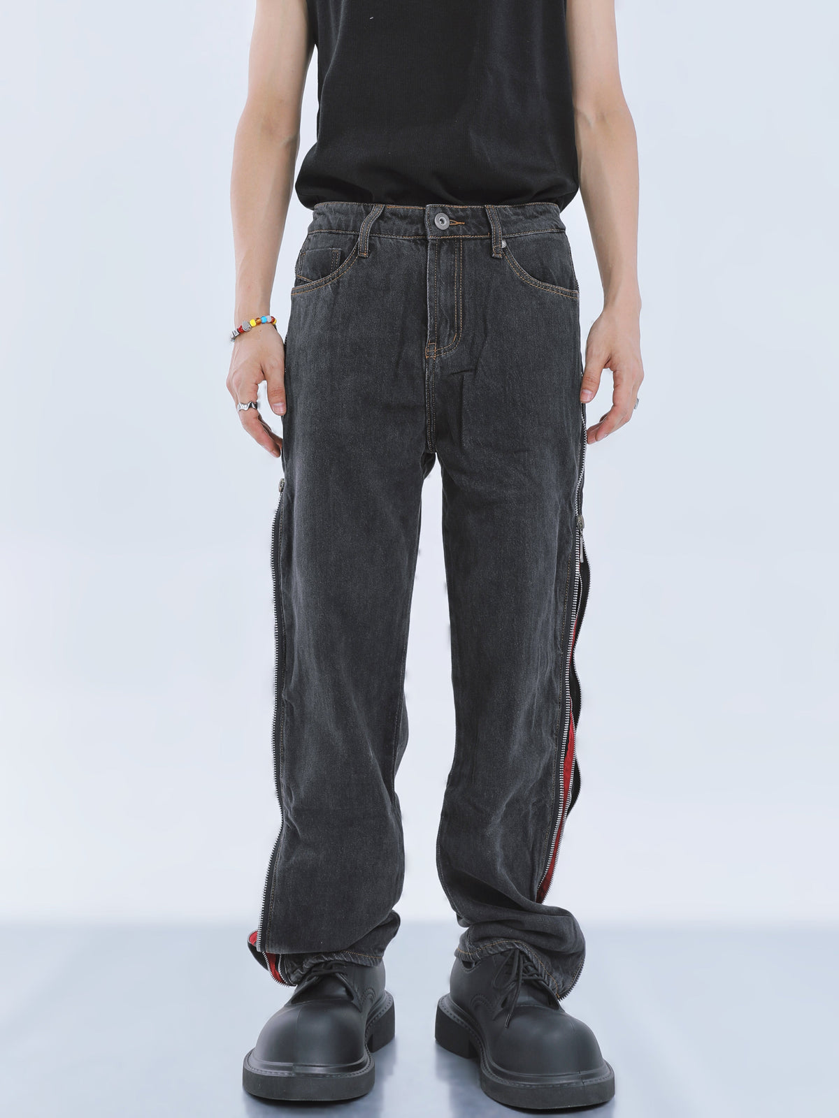 【23s September.】Contrast Striped Double Zip Jeans -M ArtsKoreanMan